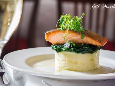 Oven Baked Salmon Fillet with Mashed Potato and Wilted Spinach