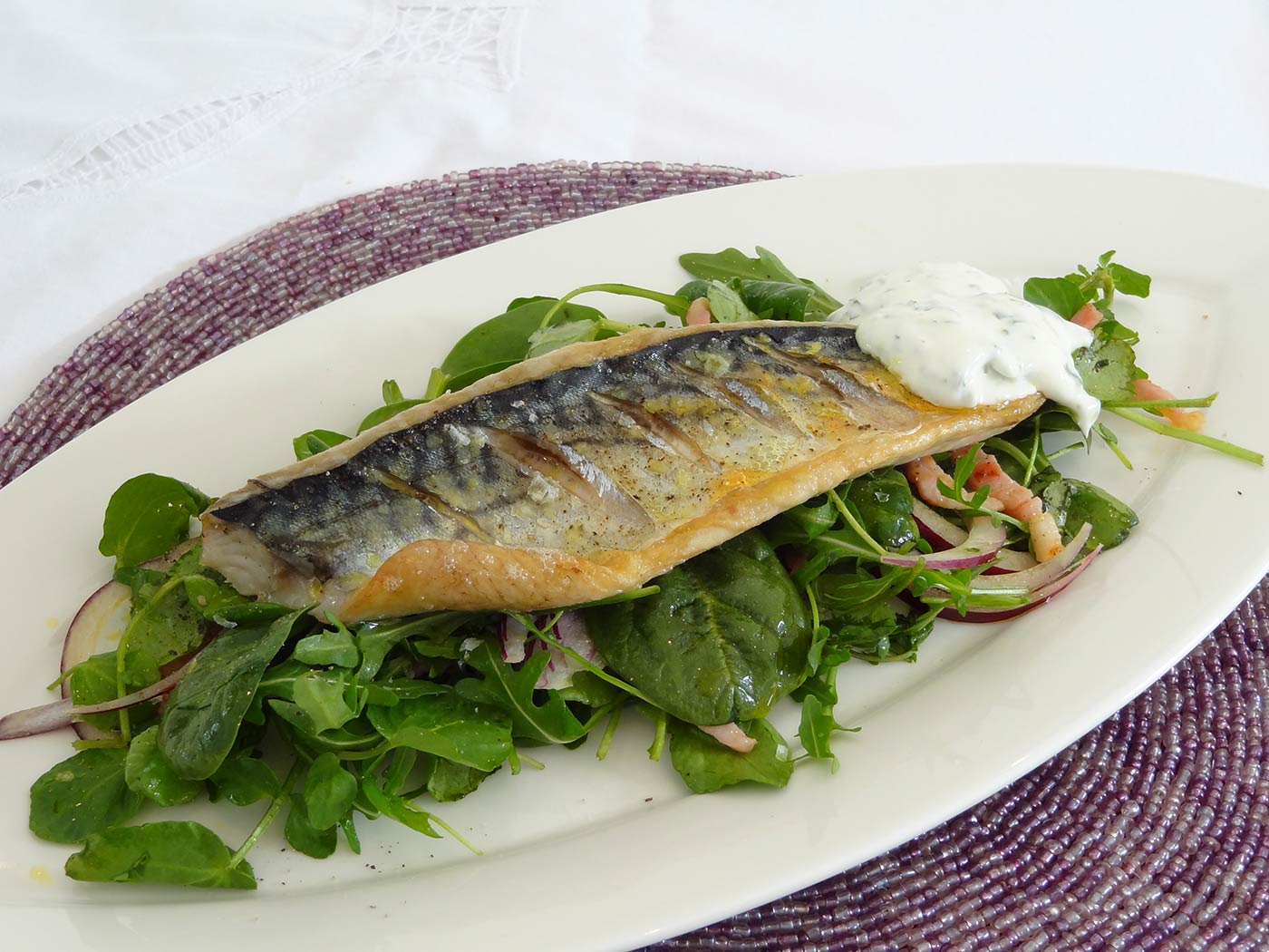 Grilled Mackerel Fillets With Watercress, Smoked Bacon & Herb Crème Fraiche
