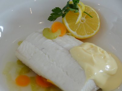 Poached Fillet of Halibut in a Court Bouillon with Hollandaise Sauce